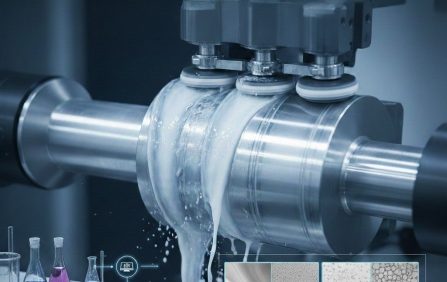 Microfinishing process showing precision surface finishing with specialized fluids and abrasive tools